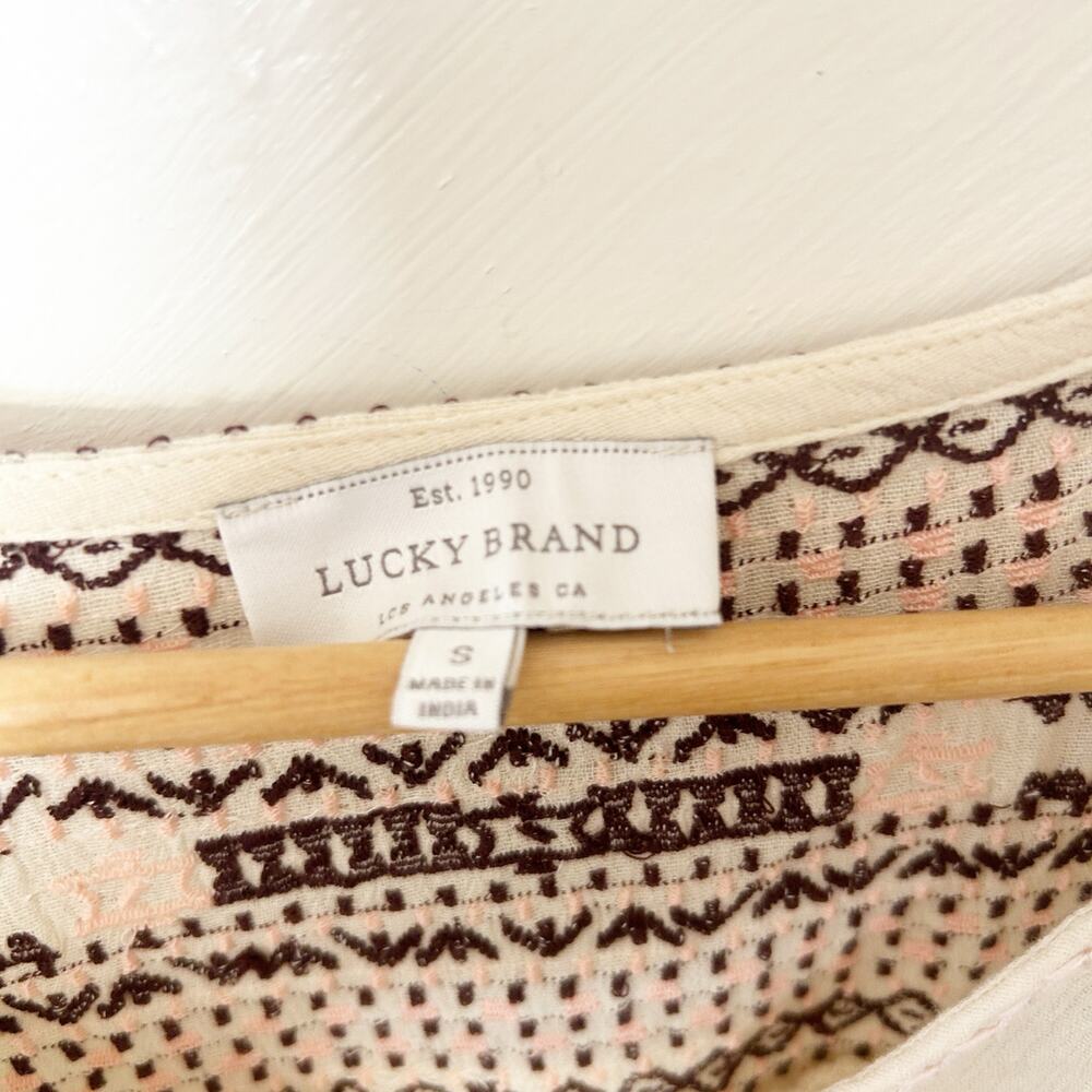 Lucky Brand Embroidered Boho Peasant Blouse Beige Pink Long Sleeve Size S - Picture 3 of 6